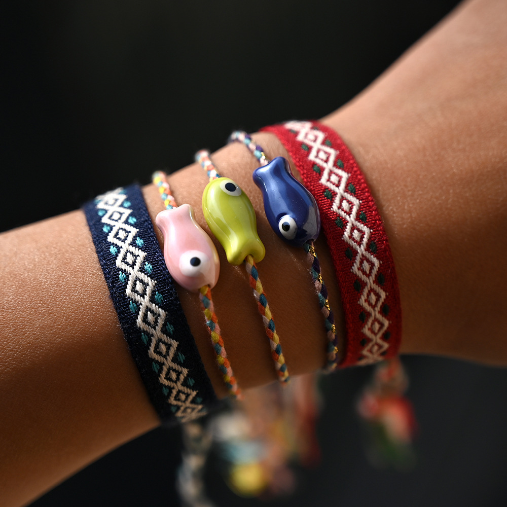 Ceramic Fish Bracelet Handwoven Cord Tibetan Braiding